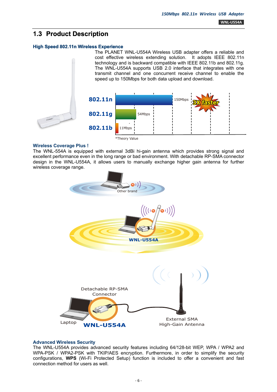 3 product description, Product description, 3 product description .3 product description | 3x faster | PLANET WNL-U554A User Manual | Page 6 / 63