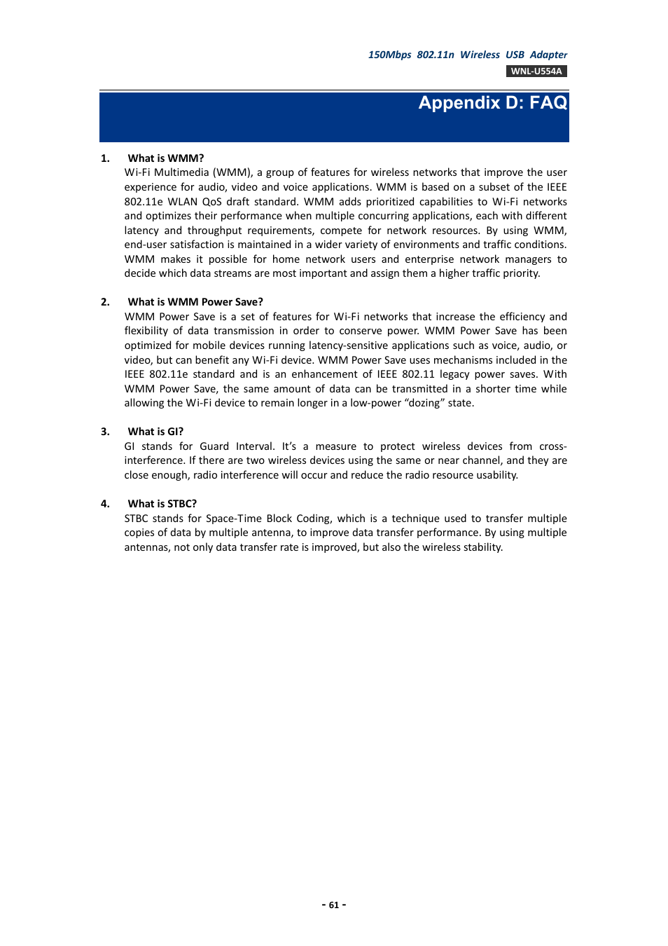 Appendix d: faq | PLANET WNL-U554A User Manual | Page 61 / 63