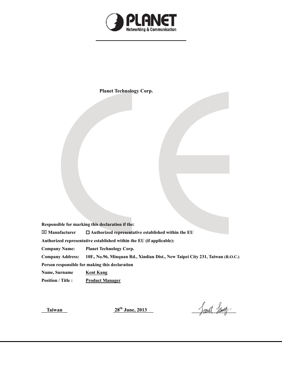 Ec declaration of conformity, Planet technology corporation | PLANET WNL-U554A User Manual | Page 62 / 63