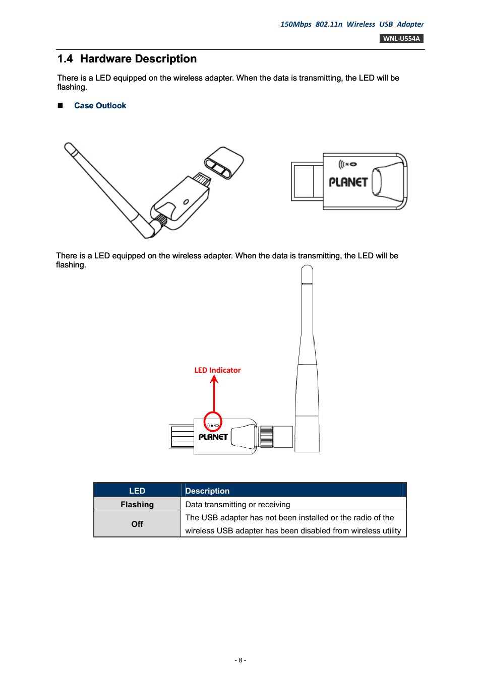4 hardware description, Hardware description, 4 hardware description .4 hardware description | PLANET WNL-U554A User Manual | Page 8 / 63