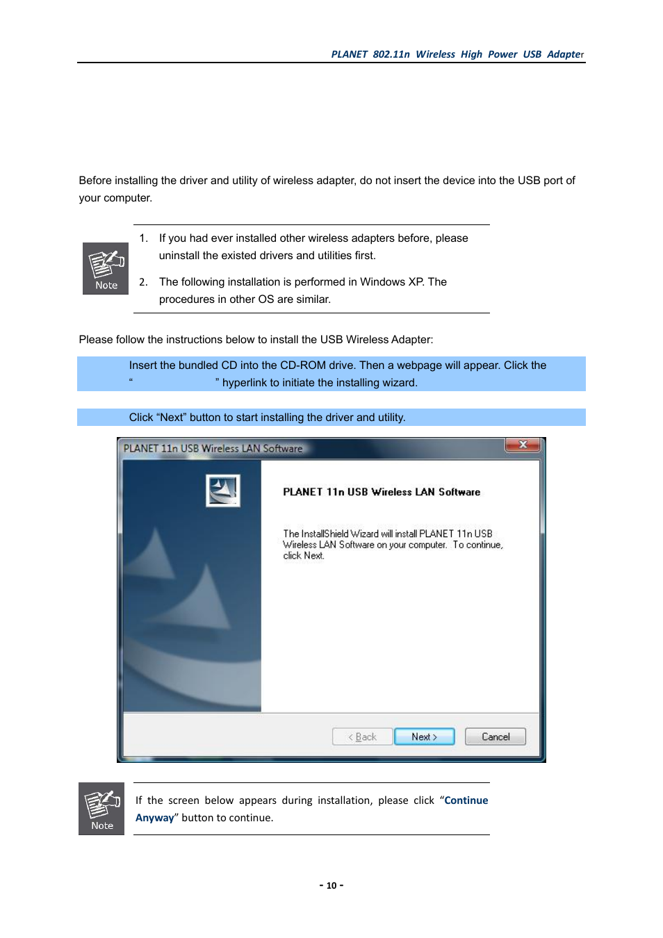 Chapter 2. installation, 1 driver installation, Chapter 2 | Installation, Driver installation | PLANET WNL-U555HA User Manual | Page 10 / 54