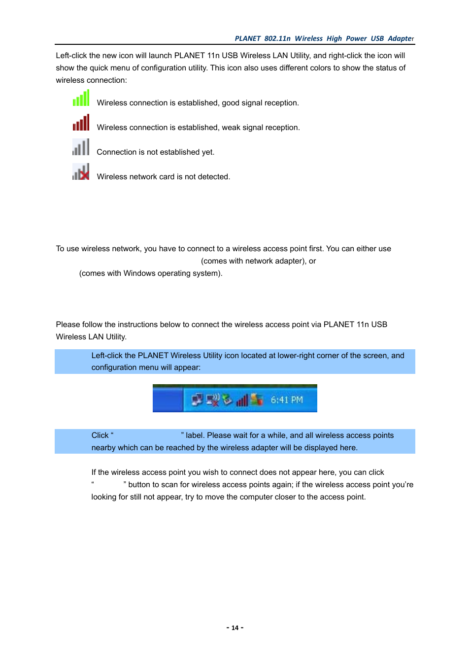 2 connect to wireless access point, 1 planet 11n usb wireless lan utility, Connect to wireless access point | Planet 11n usb wireless lan utility | PLANET WNL-U555HA User Manual | Page 14 / 54