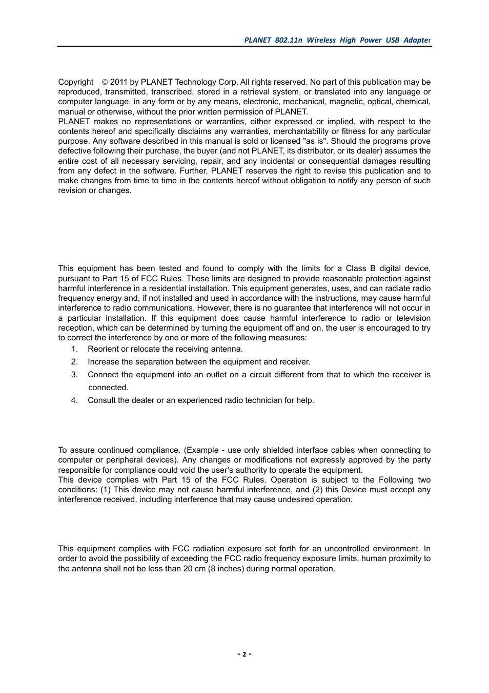 Copyright, Fcc caution | PLANET WNL-U555HA User Manual | Page 2 / 54