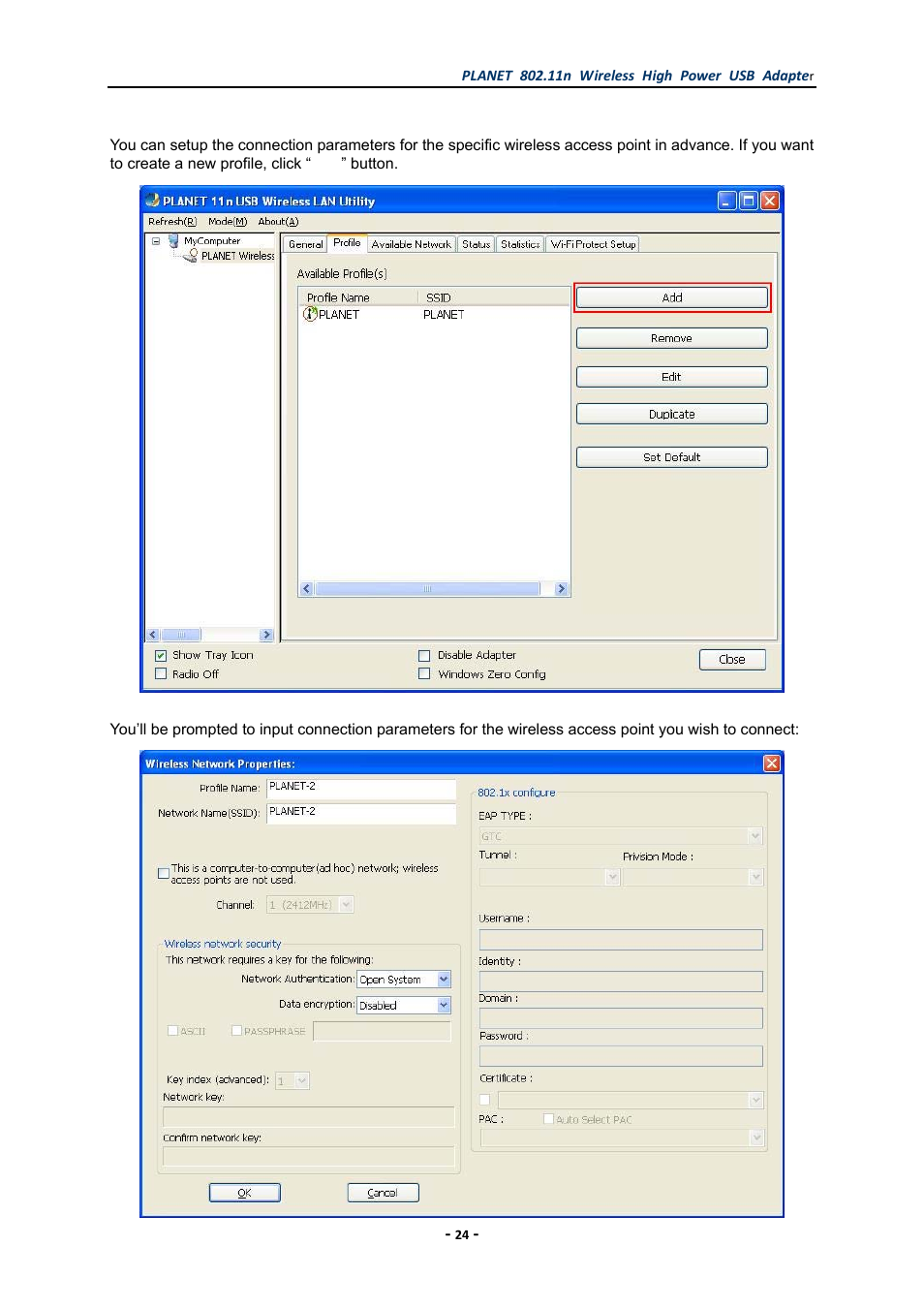 1 add a new profile, Add a new profile | PLANET WNL-U555HA User Manual | Page 24 / 54