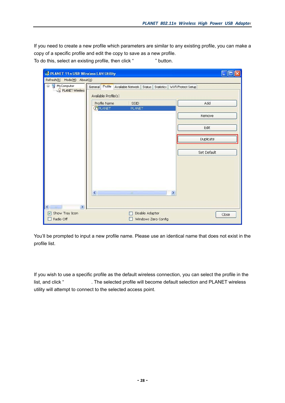 4 make a copy of existing profile, 5 set as the default profile, Make a copy of existing profile | Set as the default profile | PLANET WNL-U555HA User Manual | Page 28 / 54
