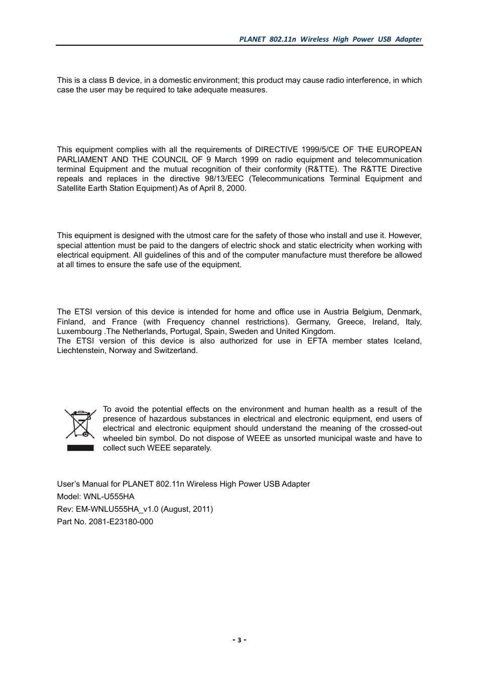 Ce mark warning, R&tte compliance statement, Safety | Eu countries intended for use, Weee regulation | PLANET WNL-U555HA User Manual | Page 3 / 54