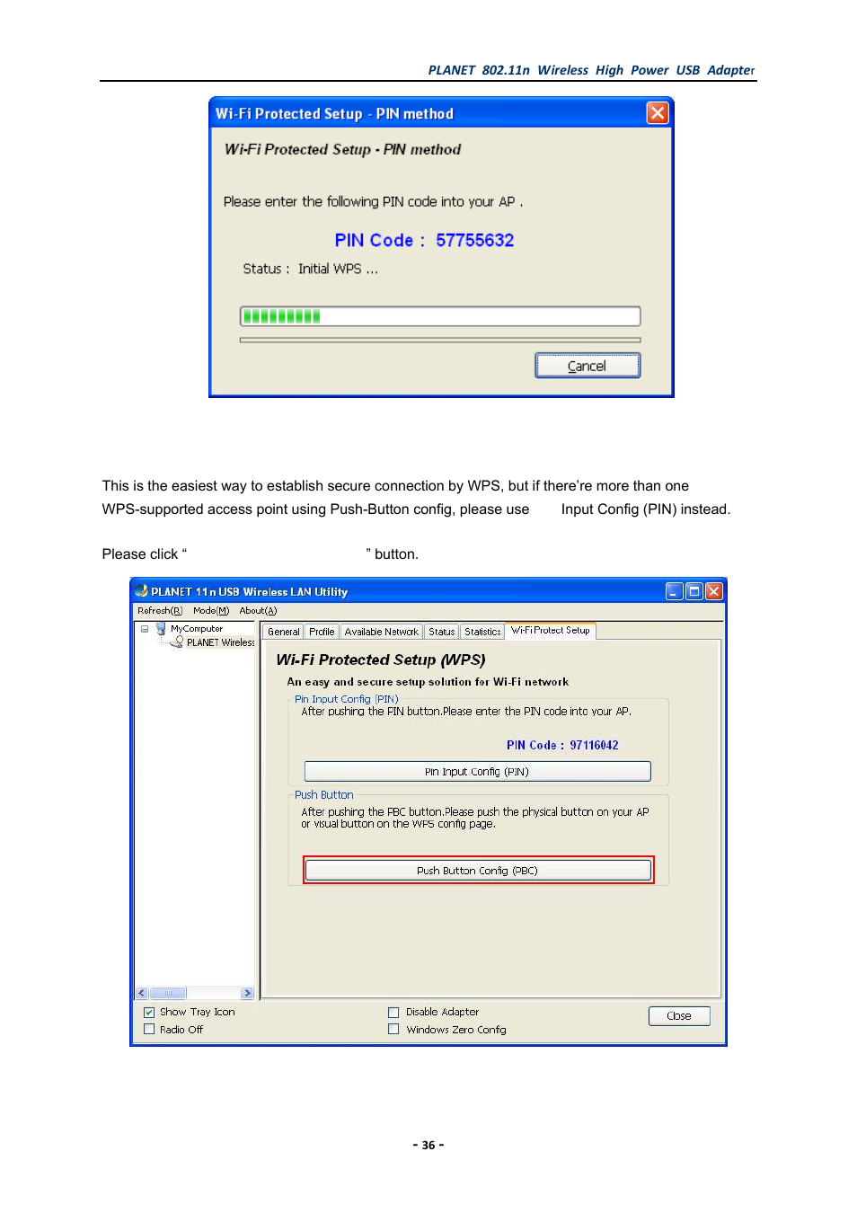 2 push button config (pbc), Push button config (pbc) | PLANET WNL-U555HA User Manual | Page 36 / 54