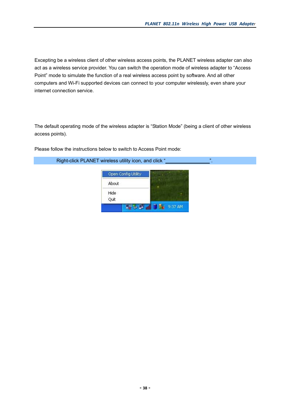 Chapter 4. soft access point, Chapter 4, Soft access point | Switch between access point mode and station mode | PLANET WNL-U555HA User Manual | Page 38 / 54