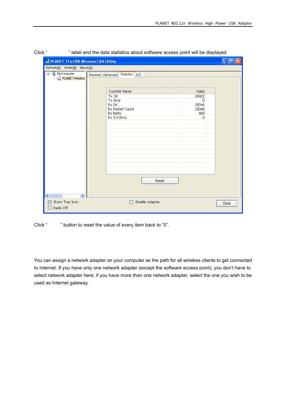 3 wireless transmission statistics, 4 internet connection sharing (ics), Wireless transmission statistics | Internet connection sharing (ics) | PLANET WNL-U555HA User Manual | Page 44 / 54
