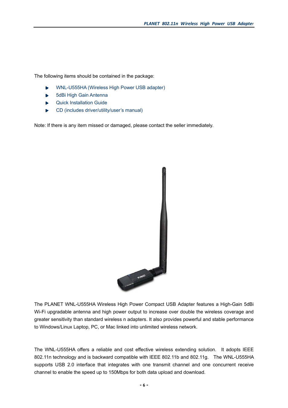 Chapter 1. product introduction, 1 package contents, 2 product description | Chapter 1, Product introduction, Package contents, Product description | PLANET WNL-U555HA User Manual | Page 6 / 54