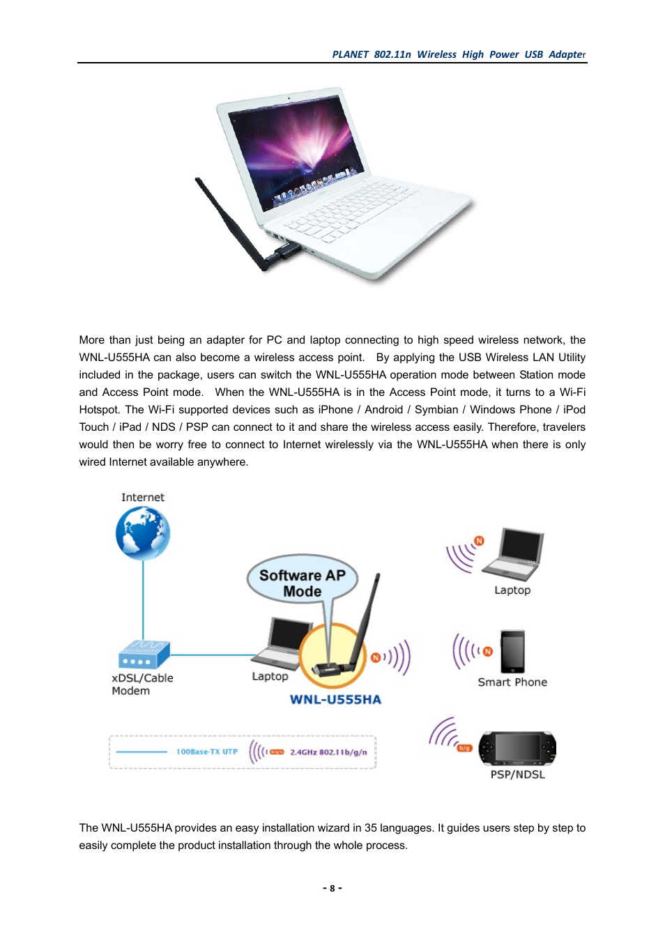 PLANET WNL-U555HA User Manual | Page 8 / 54