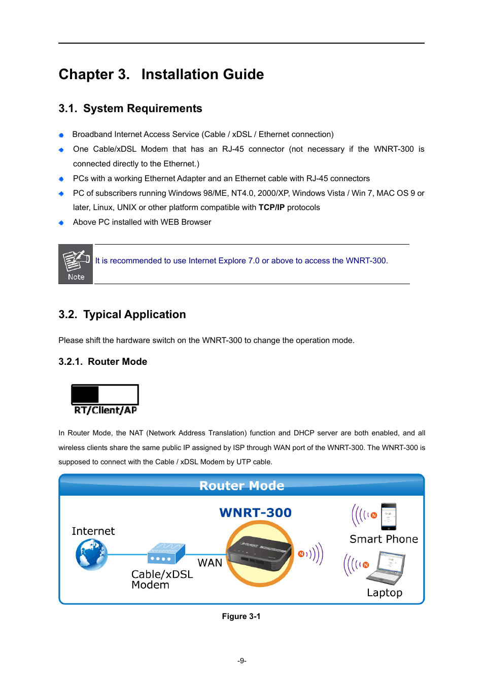 Chapter 3. installation guide, System requirements, Typical application | Router mode | PLANET WNRT-300 User Manual | Page 15 / 76