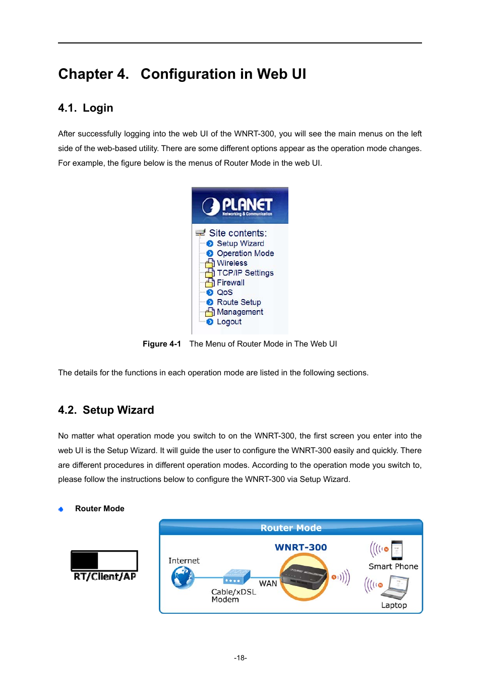 Chapter 4. configuration in web ui, Login, Setup wizard | PLANET WNRT-300 User Manual | Page 24 / 76