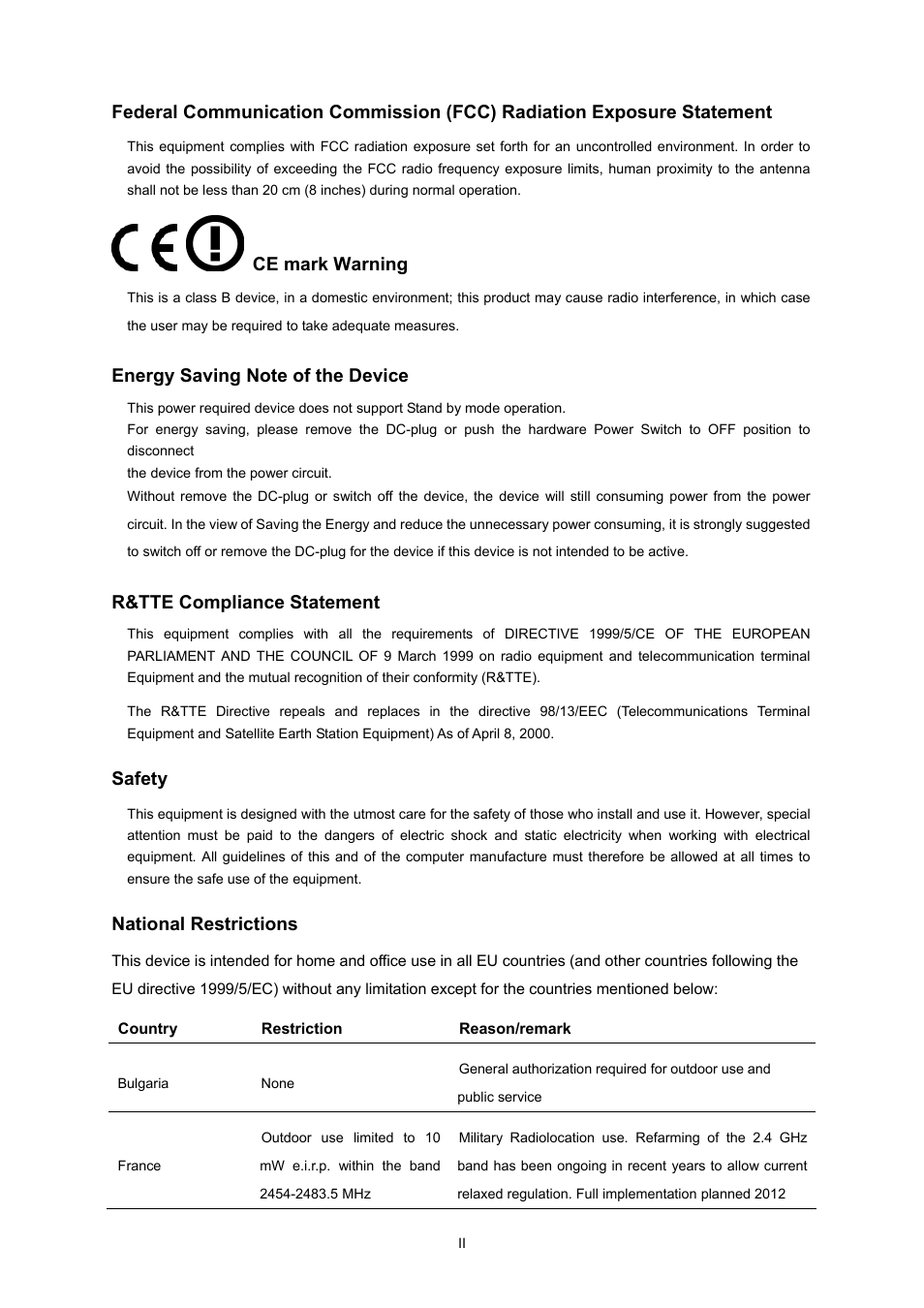 Ce mark warning, R&tte compliance statement, Safety | National restrictions | PLANET WNRT-300 User Manual | Page 3 / 76