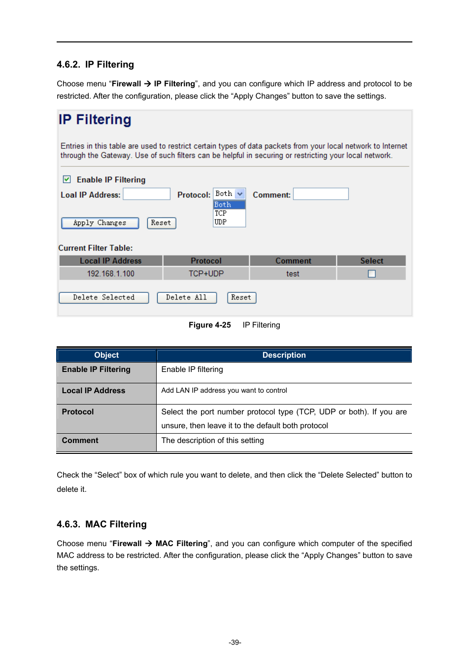 Ip filtering, Mac filtering | PLANET WNRT-300 User Manual | Page 45 / 76