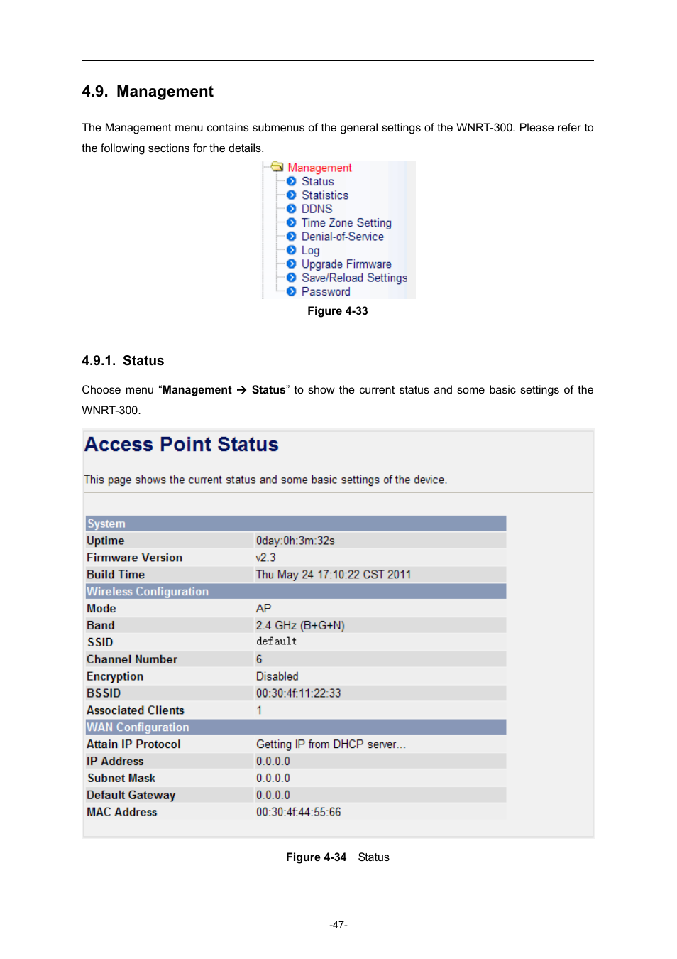 Management, Status | PLANET WNRT-300 User Manual | Page 53 / 76