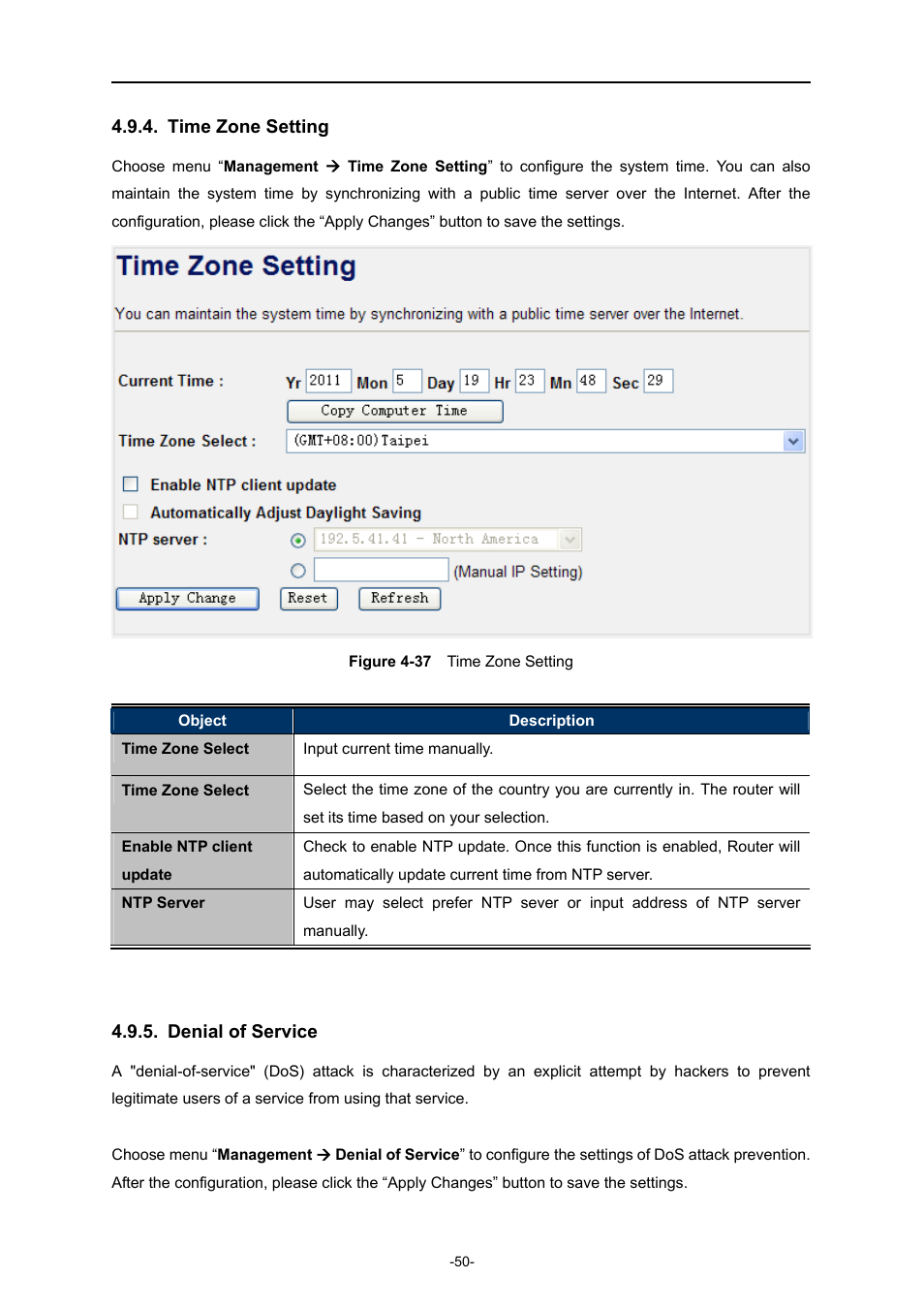 Time zone setting, Denial of service | PLANET WNRT-300 User Manual | Page 56 / 76
