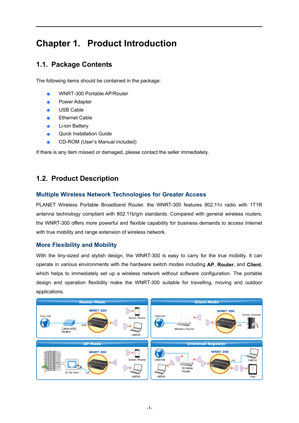 Chapter 1. product introduction, Package contents, Product description | PLANET WNRT-300 User Manual | Page 7 / 76