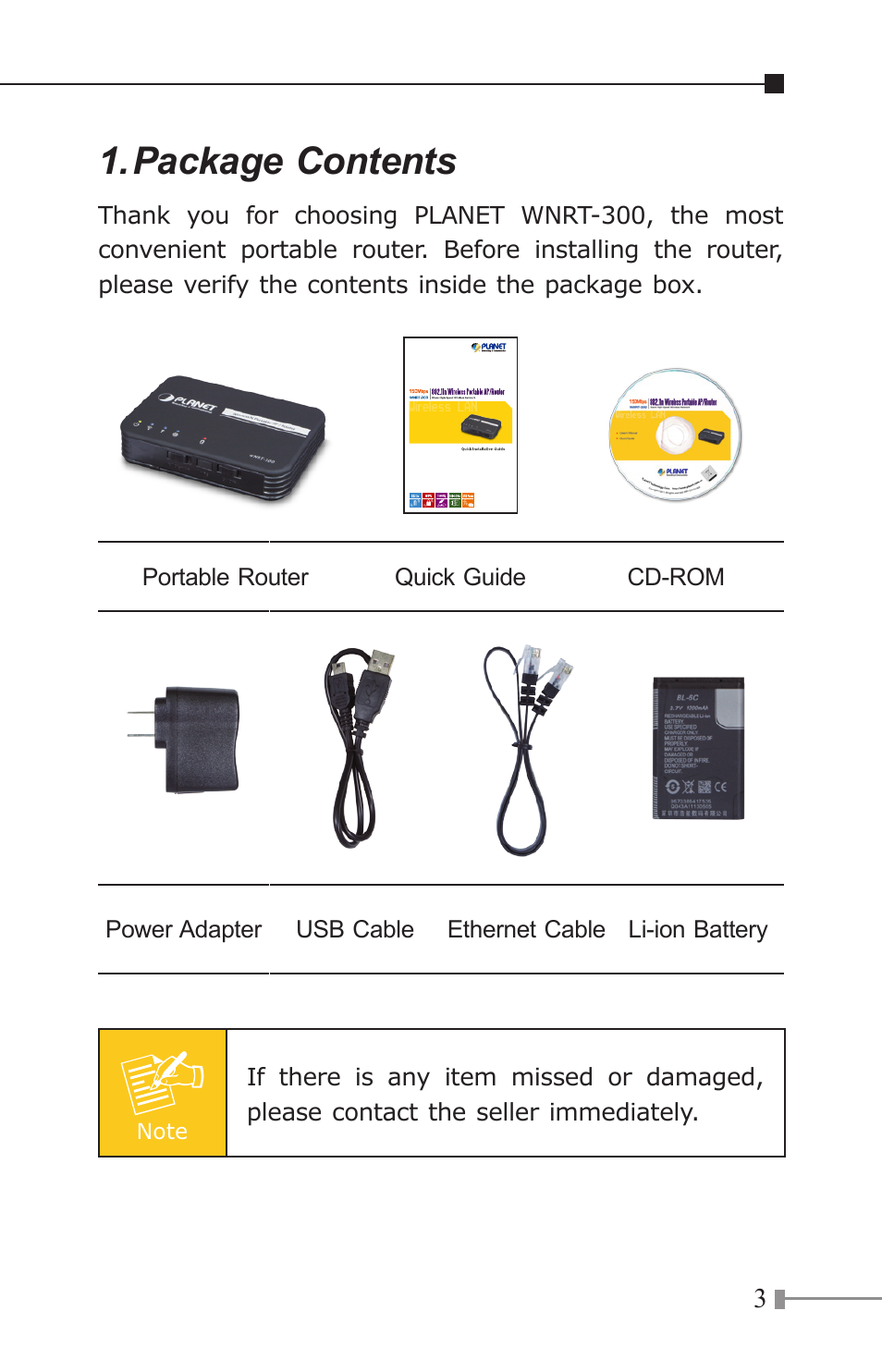 Package contents | PLANET WNRT-300 User Manual | Page 3 / 12