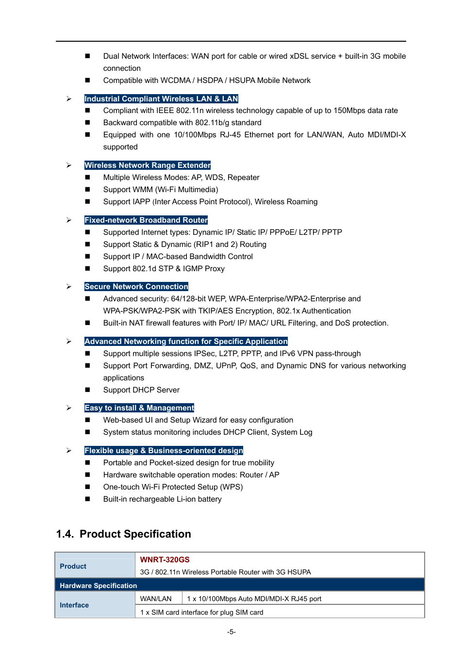 Product specification | PLANET WNRT-320GS User Manual | Page 11 / 83