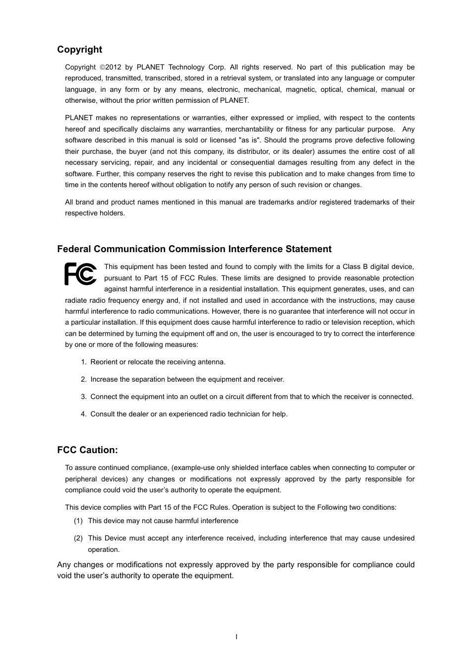 Copyright, Fcc caution | PLANET WNRT-320GS User Manual | Page 2 / 83