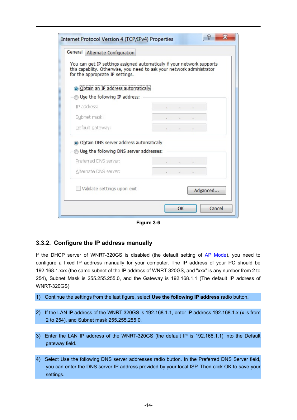 Configure the ip address manually | PLANET WNRT-320GS User Manual | Page 20 / 83