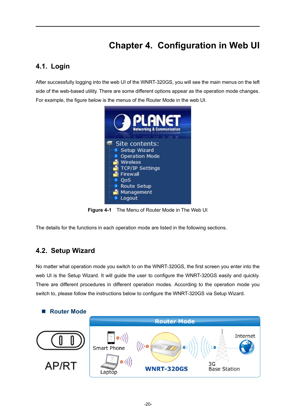 Chapter 4. configuration in web ui, Login, Setup wizard | PLANET WNRT-320GS User Manual | Page 26 / 83