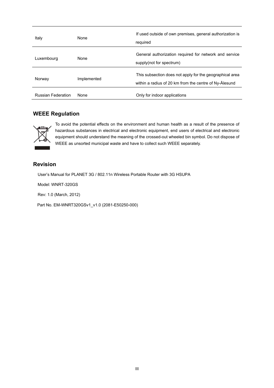 Weee regulation, Revision | PLANET WNRT-320GS User Manual | Page 4 / 83
