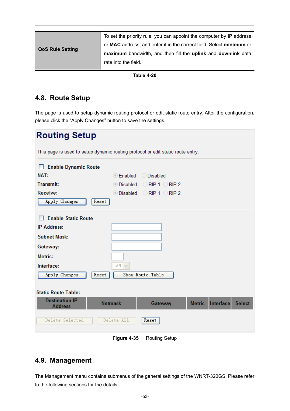 Route setup, Management | PLANET WNRT-320GS User Manual | Page 59 / 83