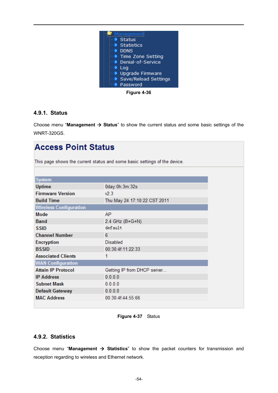 Status, Statistics | PLANET WNRT-320GS User Manual | Page 60 / 83