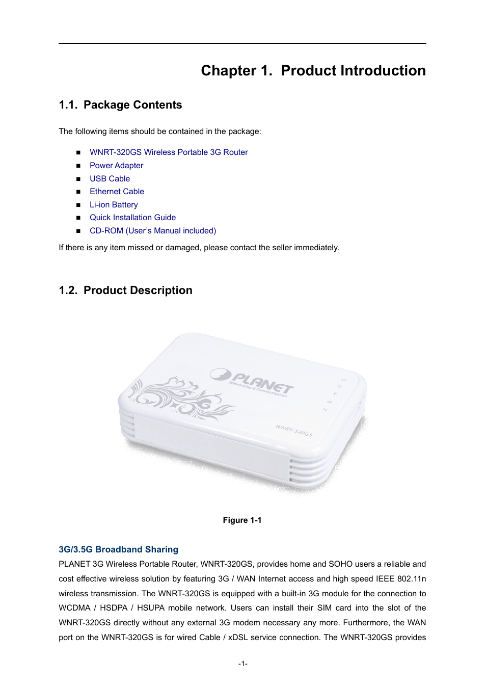 Chapter 1. product introduction, Package contents, Product description | PLANET WNRT-320GS User Manual | Page 7 / 83
