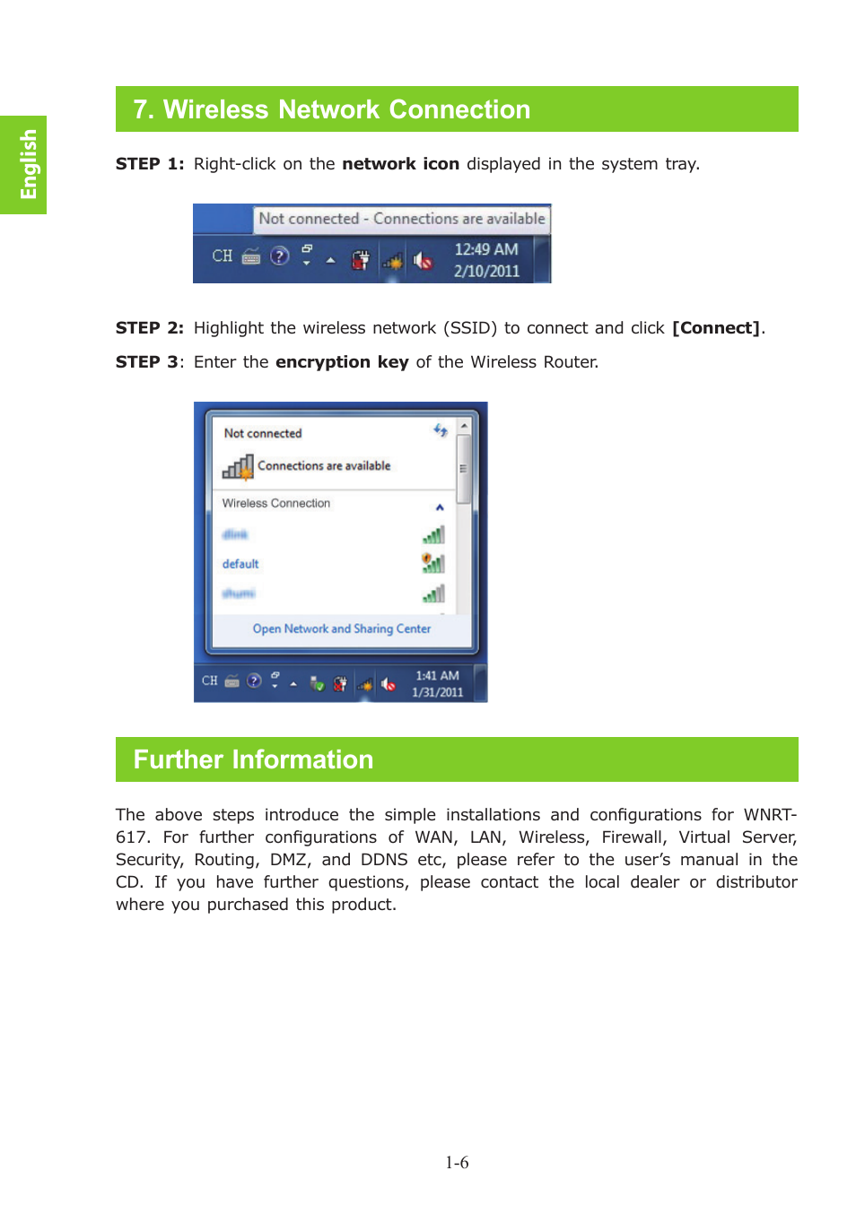 Wireless network connection, Further information, English | PLANET WNRT-617 User Manual | Page 10 / 48