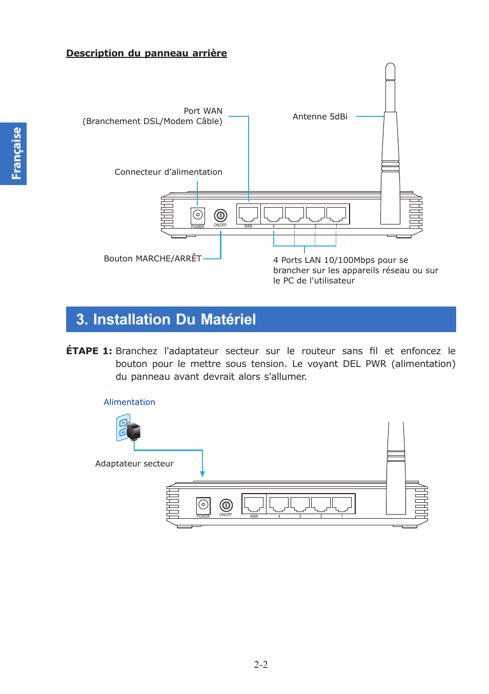 Installation du matériel, Fr anç aise, Description du panneau arrière | PLANET WNRT-617 User Manual | Page 12 / 48