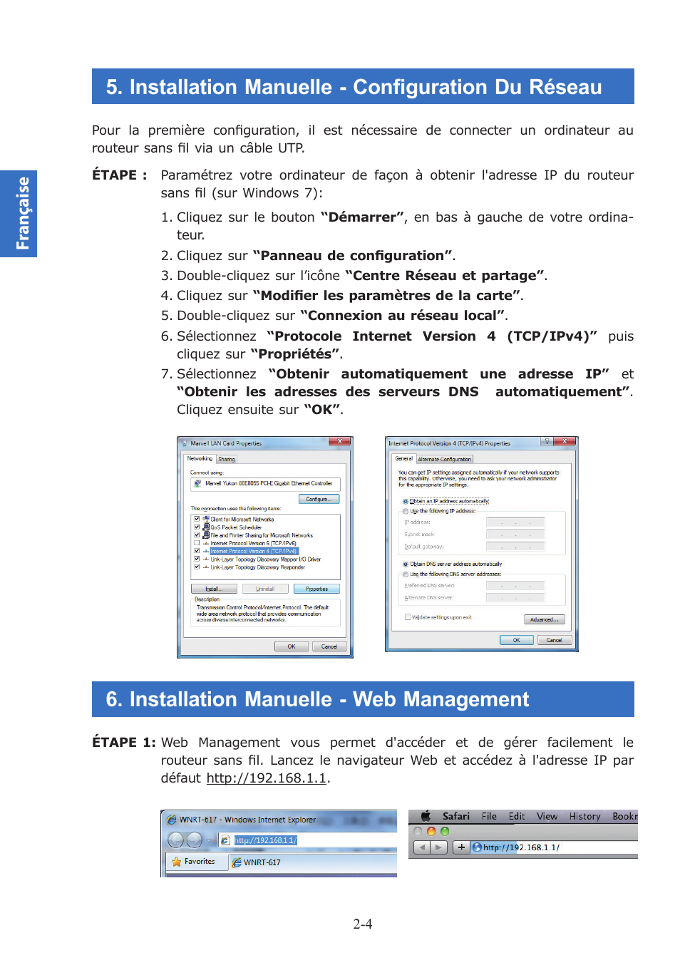 Installation manuelle - configuration du réseau, Installation manuelle - web management, Fr anç aise | PLANET WNRT-617 User Manual | Page 14 / 48