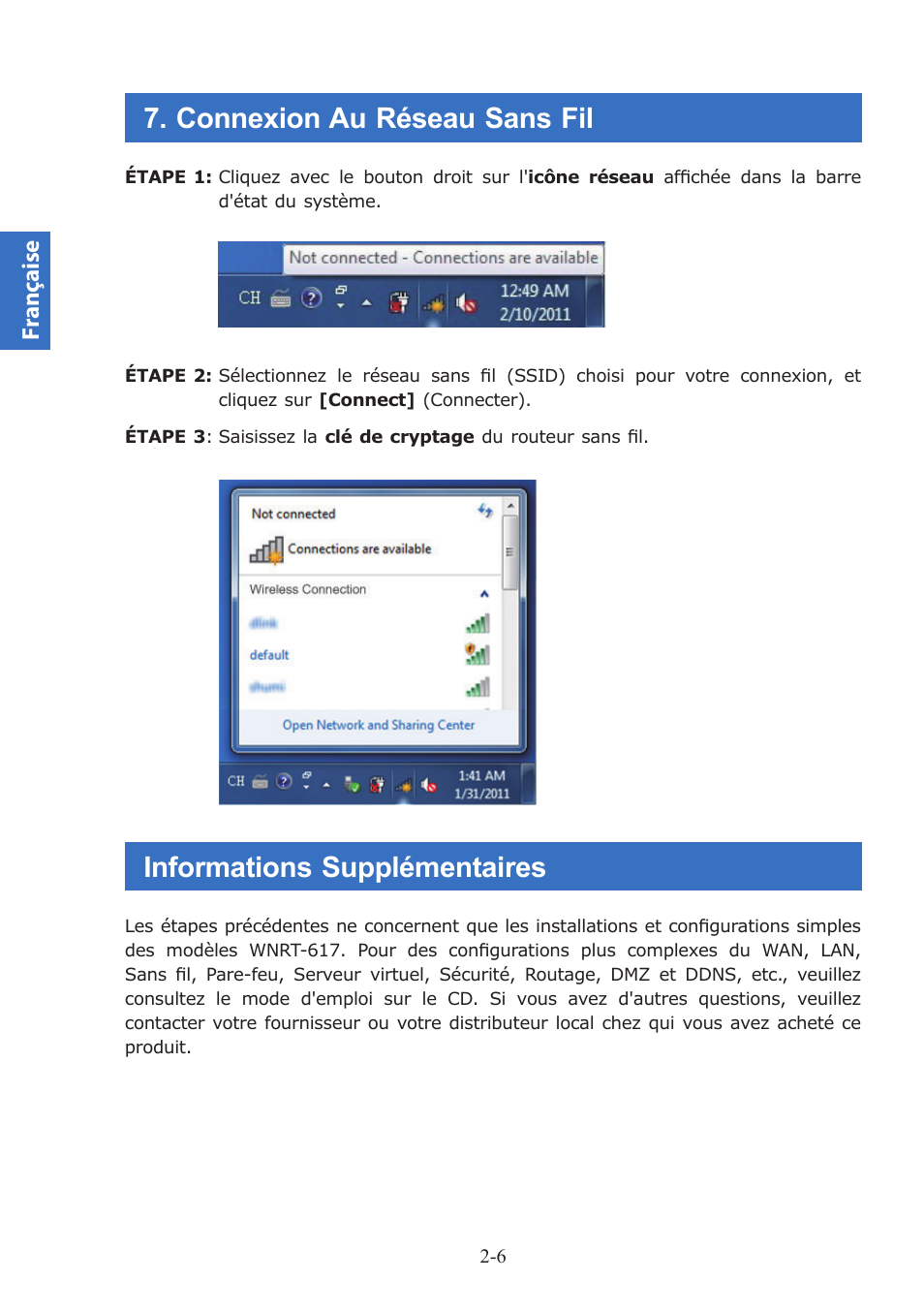 Connexion au réseau sans fil, Informations supplémentaires, Fr anç aise | PLANET WNRT-617 User Manual | Page 16 / 48