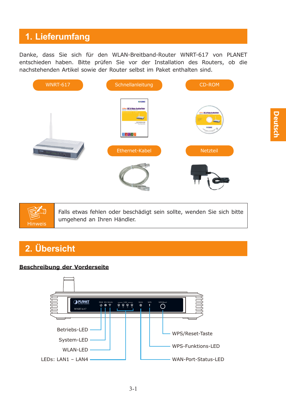 Lieferumfang, Übersicht, Deutsch | Beschreibung der vorderseite | PLANET WNRT-617 User Manual | Page 17 / 48