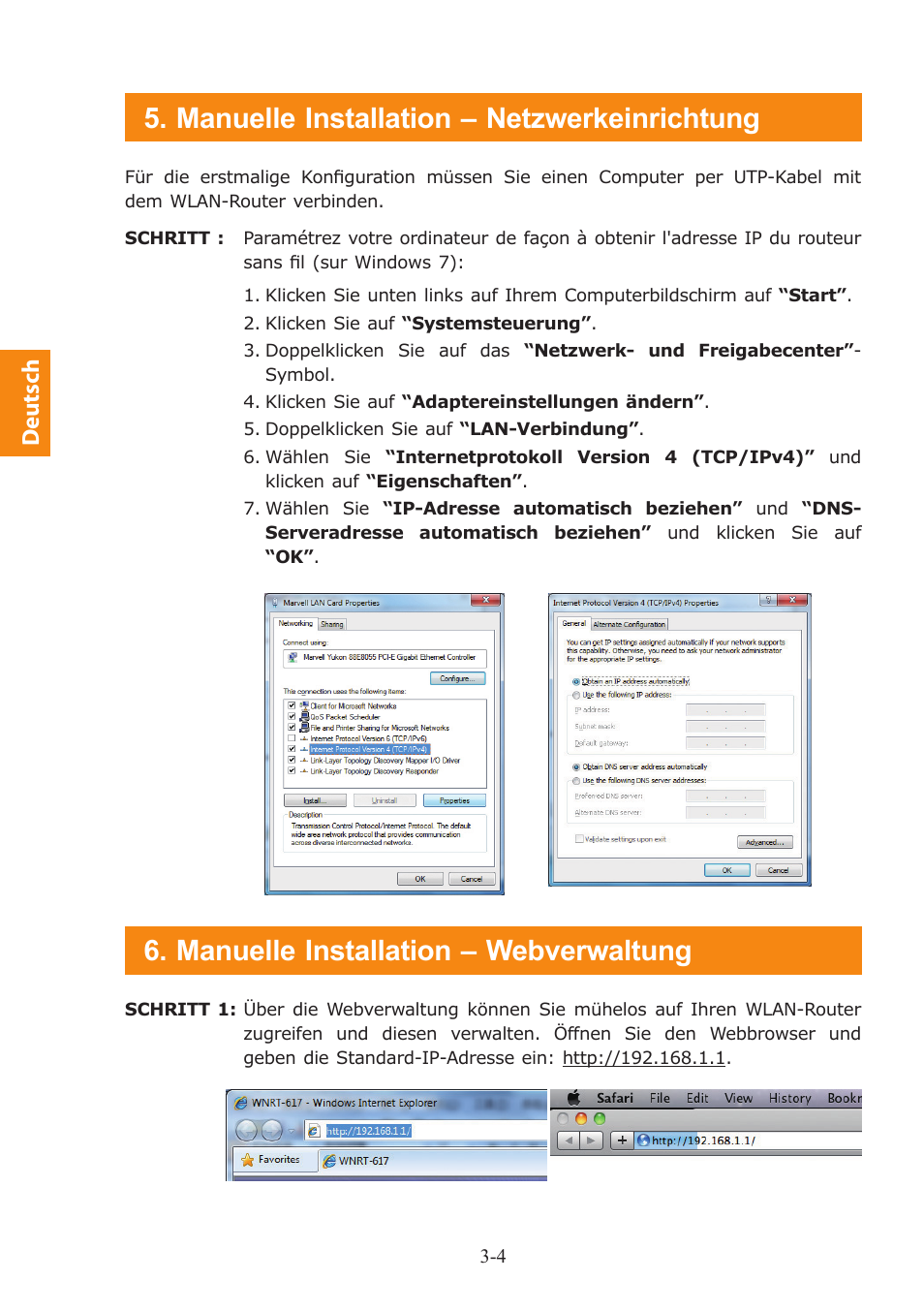 Manuelle installation – netzwerkeinrichtung, Manuelle installation – webverwaltung, Deutsch | PLANET WNRT-617 User Manual | Page 20 / 48