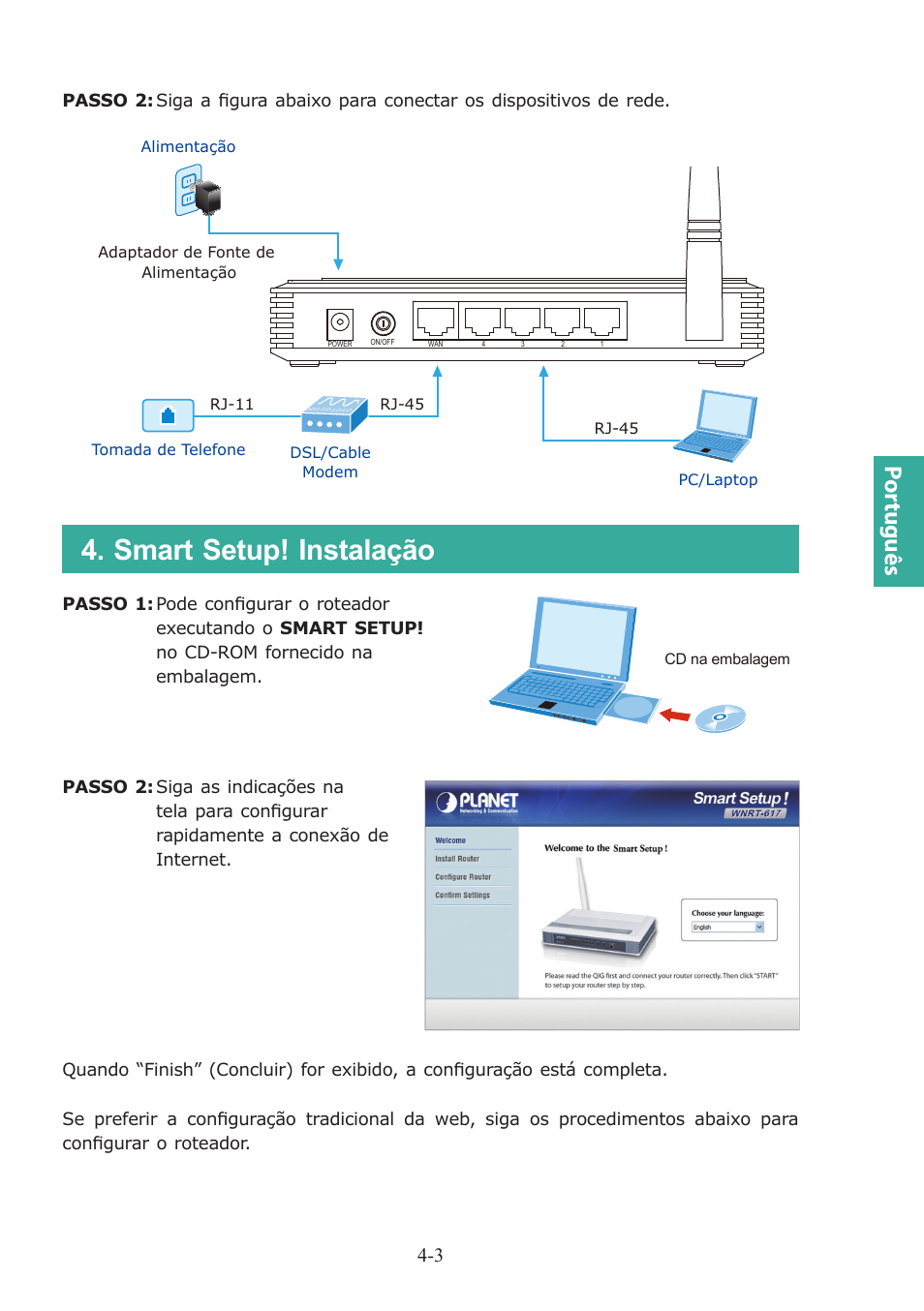Smart setup! instalação, Por tuguês | PLANET WNRT-617 User Manual | Page 25 / 48