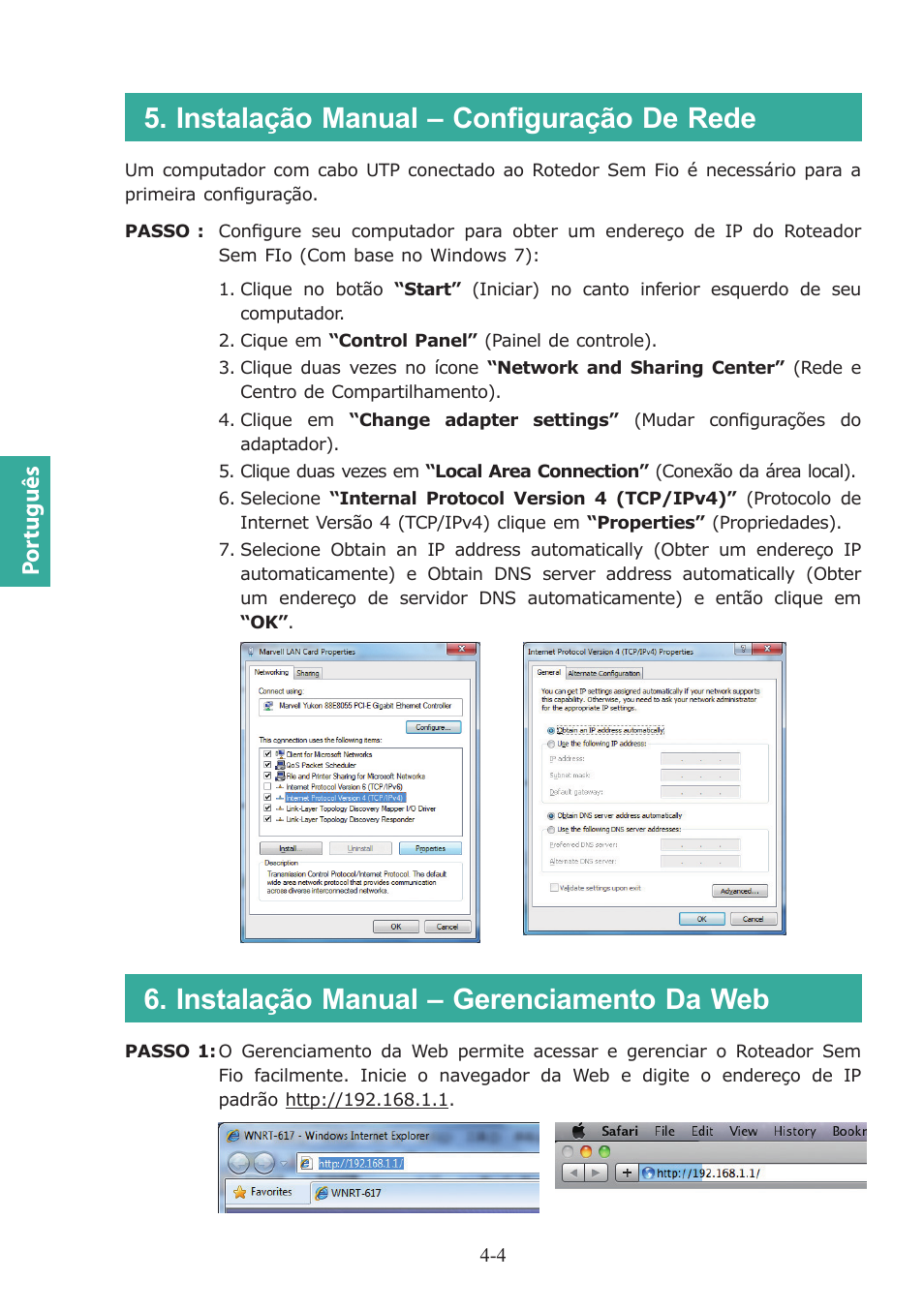 Instalação manual – configuração de rede, Instalação manual – gerenciamento da web, Por tuguês | PLANET WNRT-617 User Manual | Page 26 / 48