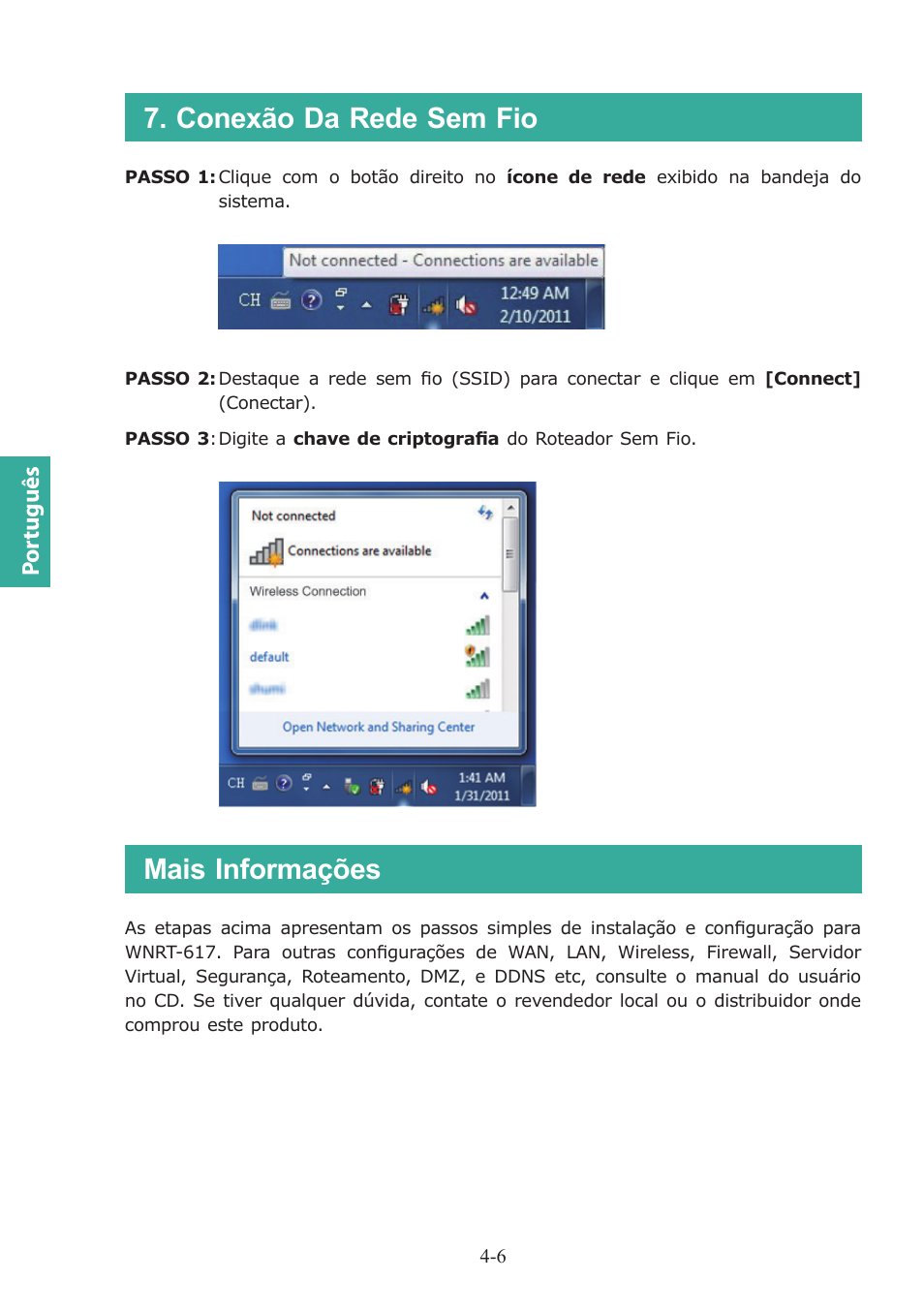 Conexão da rede sem fio, Mais informações, Por tuguês | PLANET WNRT-617 User Manual | Page 28 / 48