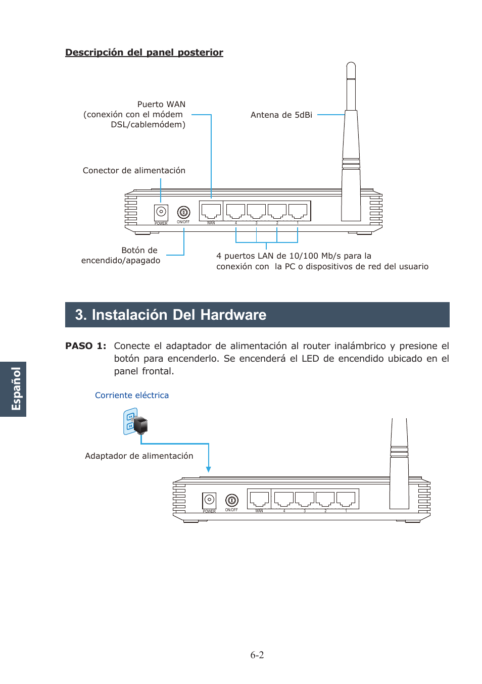 Instalación del hardware, Español, Descripción del panel posterior | PLANET WNRT-617 User Manual | Page 36 / 48