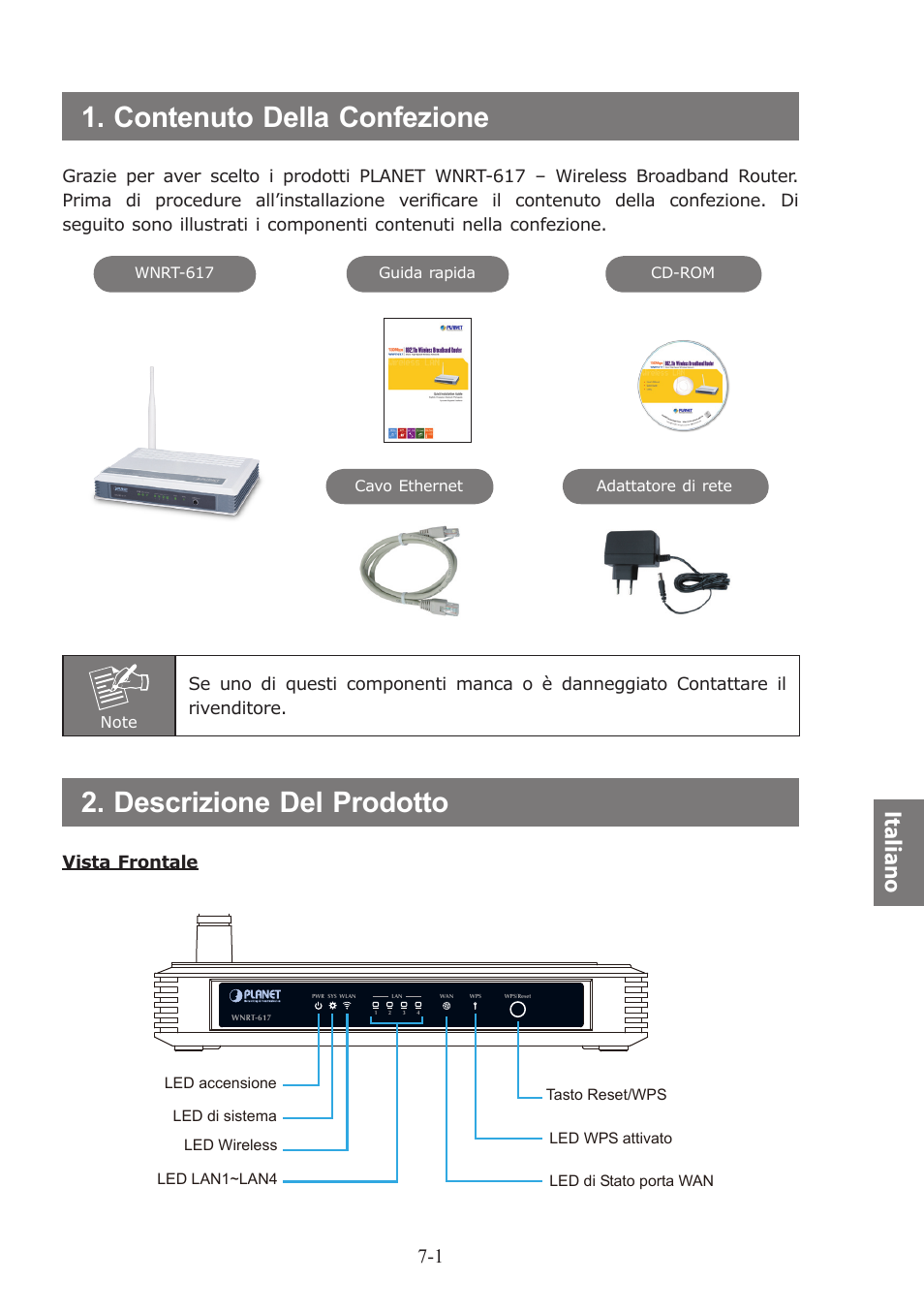 Contenuto della confezione, Descrizione del prodotto, Italiano | Vista frontale | PLANET WNRT-617 User Manual | Page 41 / 48