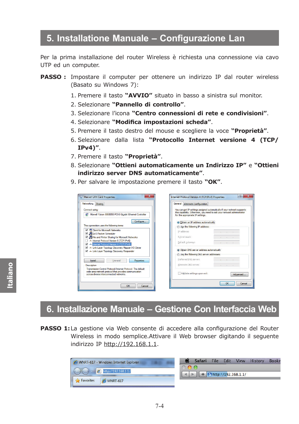 Installatione manuale – configurazione lan, Italiano | PLANET WNRT-617 User Manual | Page 44 / 48