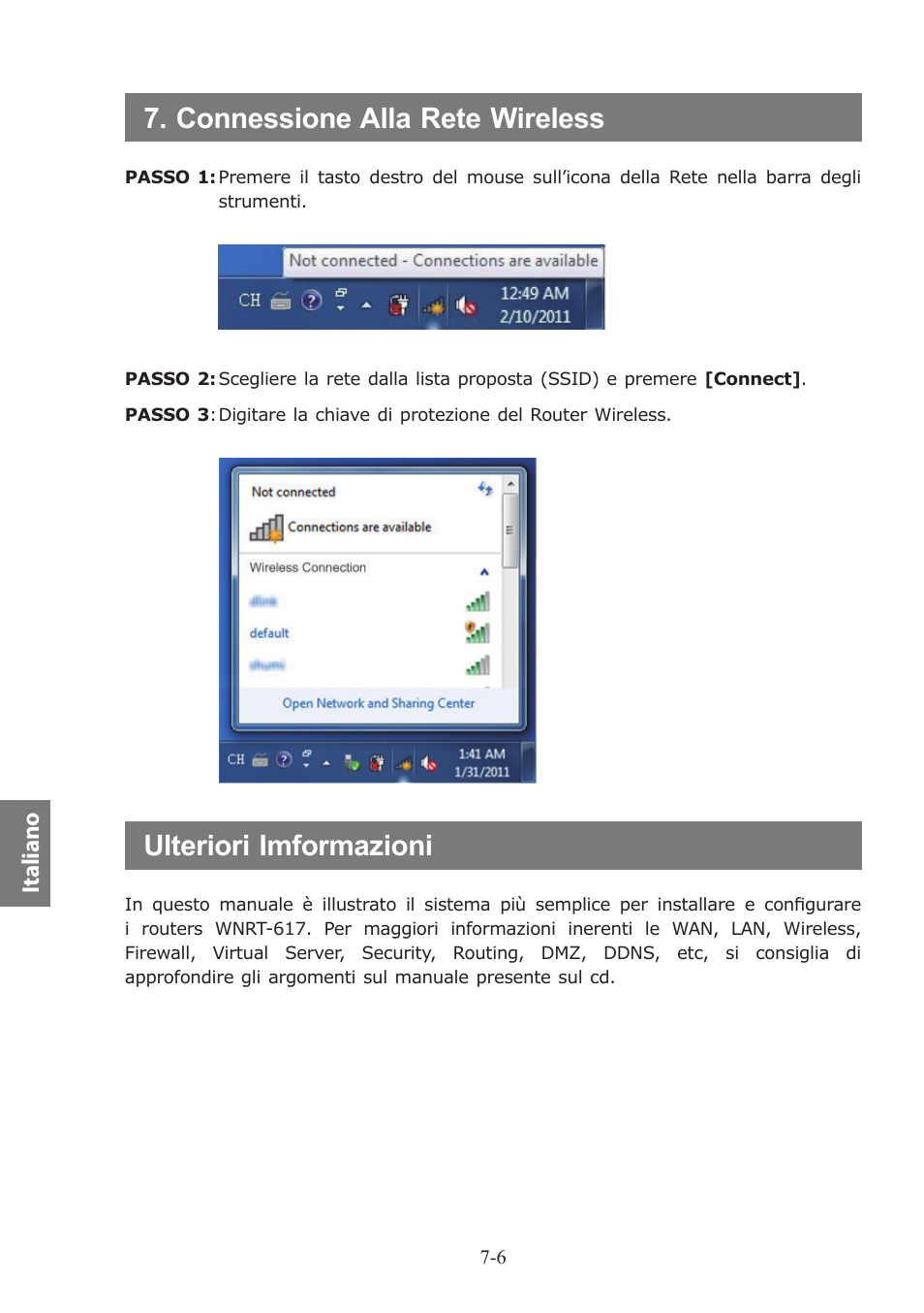 Connessione alla rete wireless, Ulteriori imformazioni, Italiano | PLANET WNRT-617 User Manual | Page 46 / 48