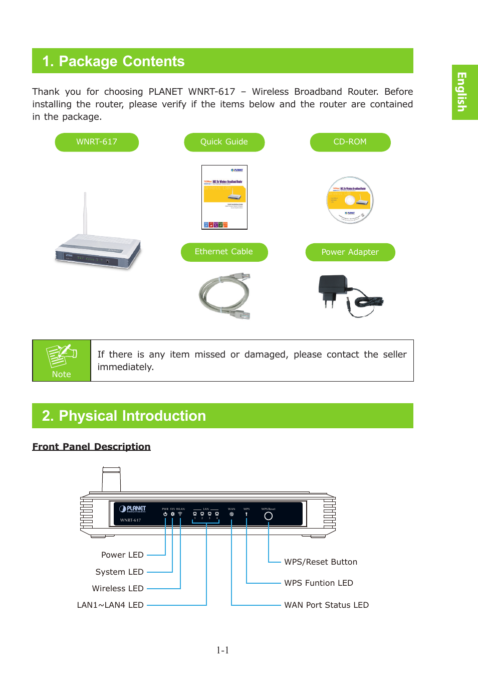 Package contents, Physical introduction, English | Front panel description | PLANET WNRT-617 User Manual | Page 5 / 48