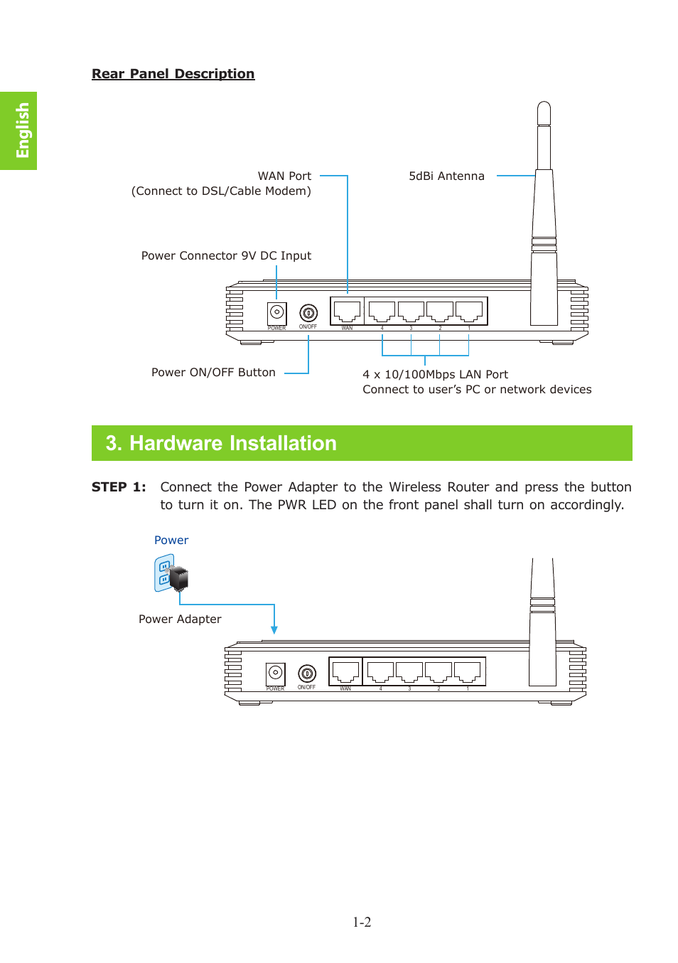 Hardware installation, English, Rear panel description | PLANET WNRT-617 User Manual | Page 6 / 48