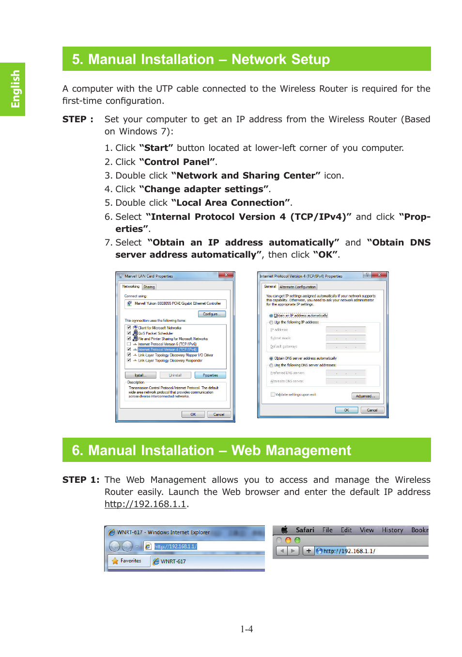 Manual installation – network setup, Manual installation – web management, English | PLANET WNRT-617 User Manual | Page 8 / 48
