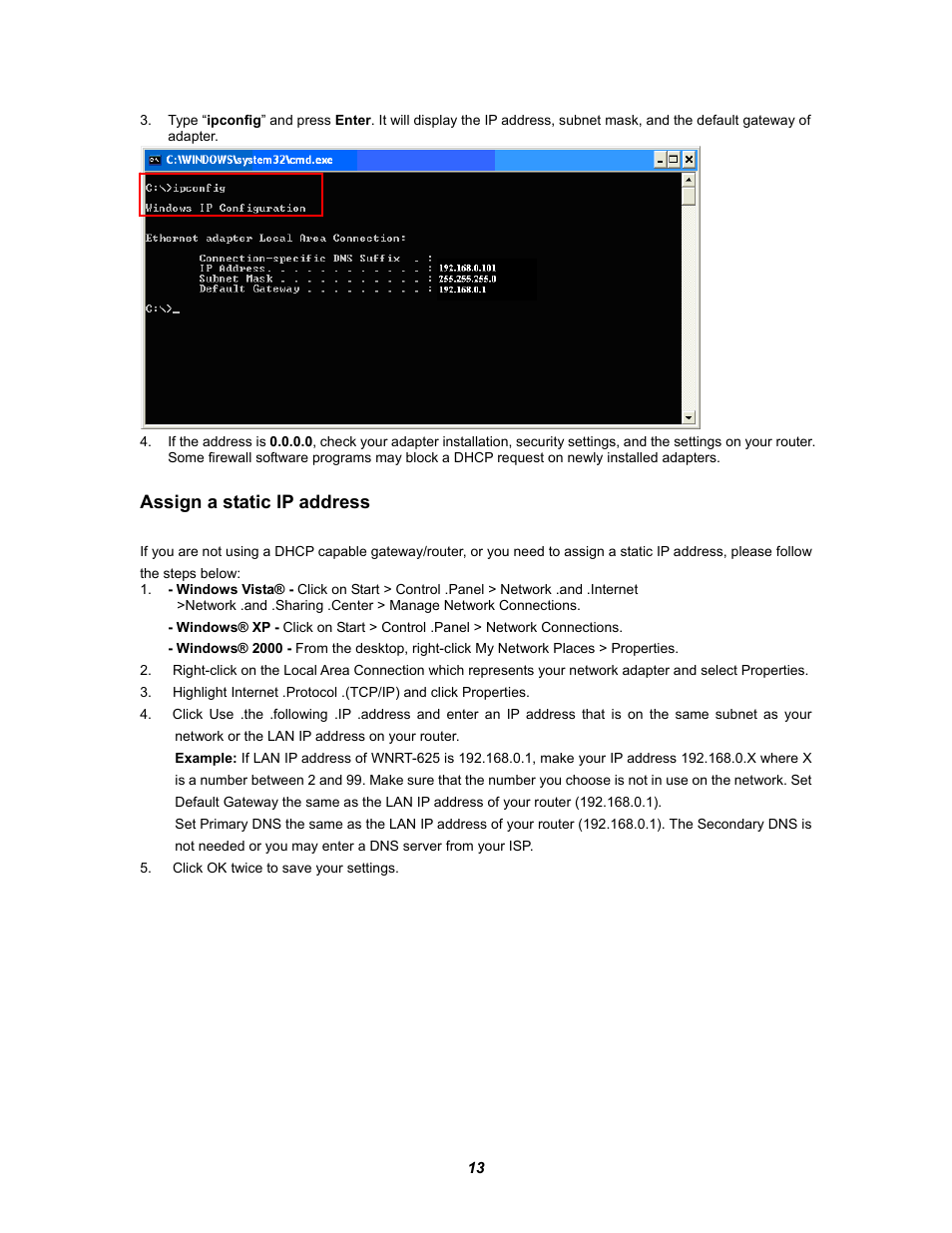 Assign a static ip address | PLANET WNRT-625 User Manual | Page 13 / 42