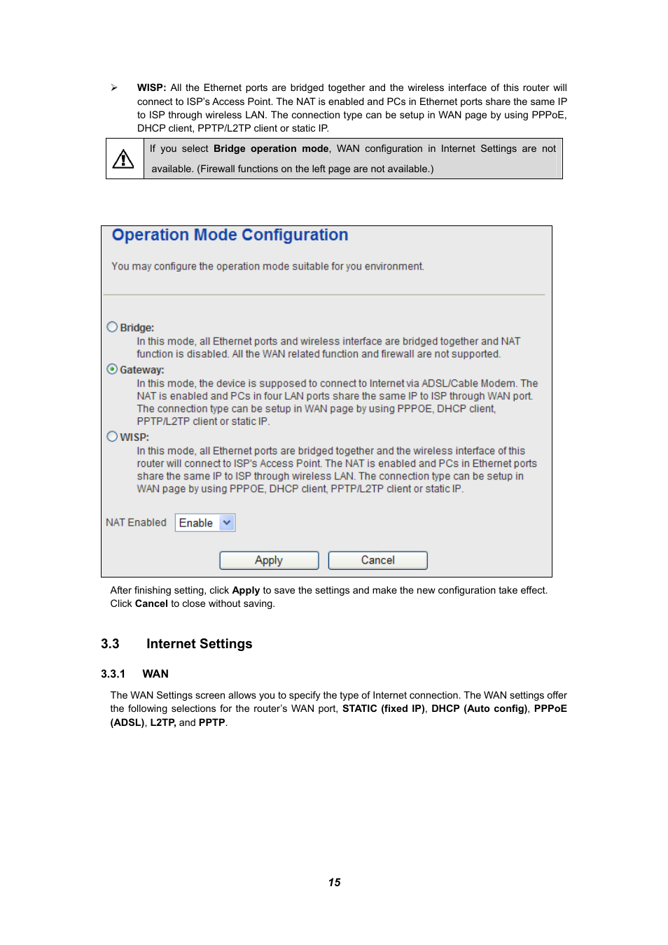 3 internet settings, 1 wan, Nternet | Ettings | PLANET WNRT-625 User Manual | Page 15 / 42