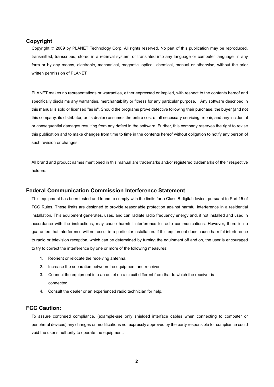 Copyright, Fcc caution | PLANET WNRT-625 User Manual | Page 2 / 42